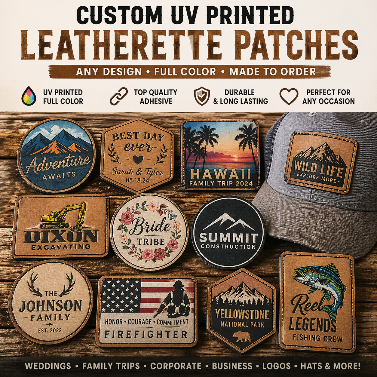 Full Color UV-Printed Leatherette Patches | Custom Logos, Weddings, Business Branding