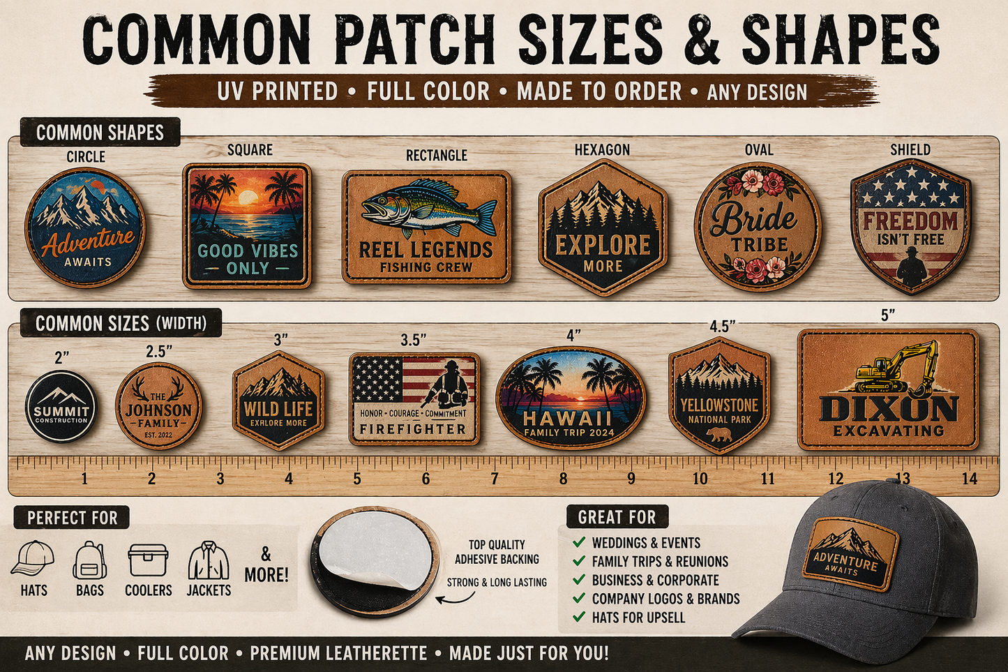 Full Color UV-Printed Leatherette Patches | Custom Logos, Weddings, Business Branding